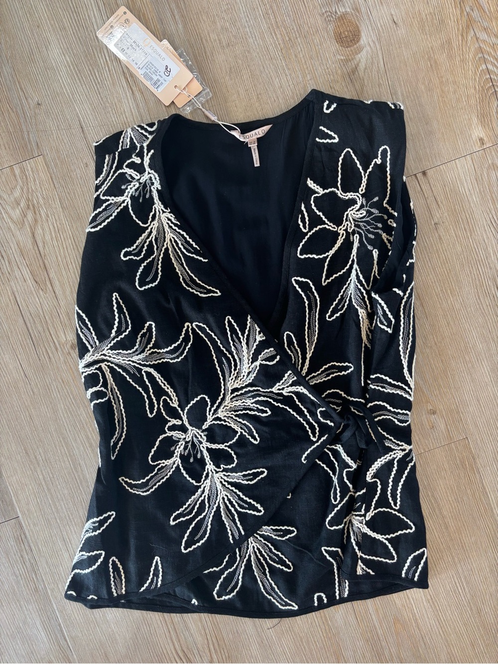 ESQUALO Black Wrap Top with Cream Floral Embroidery